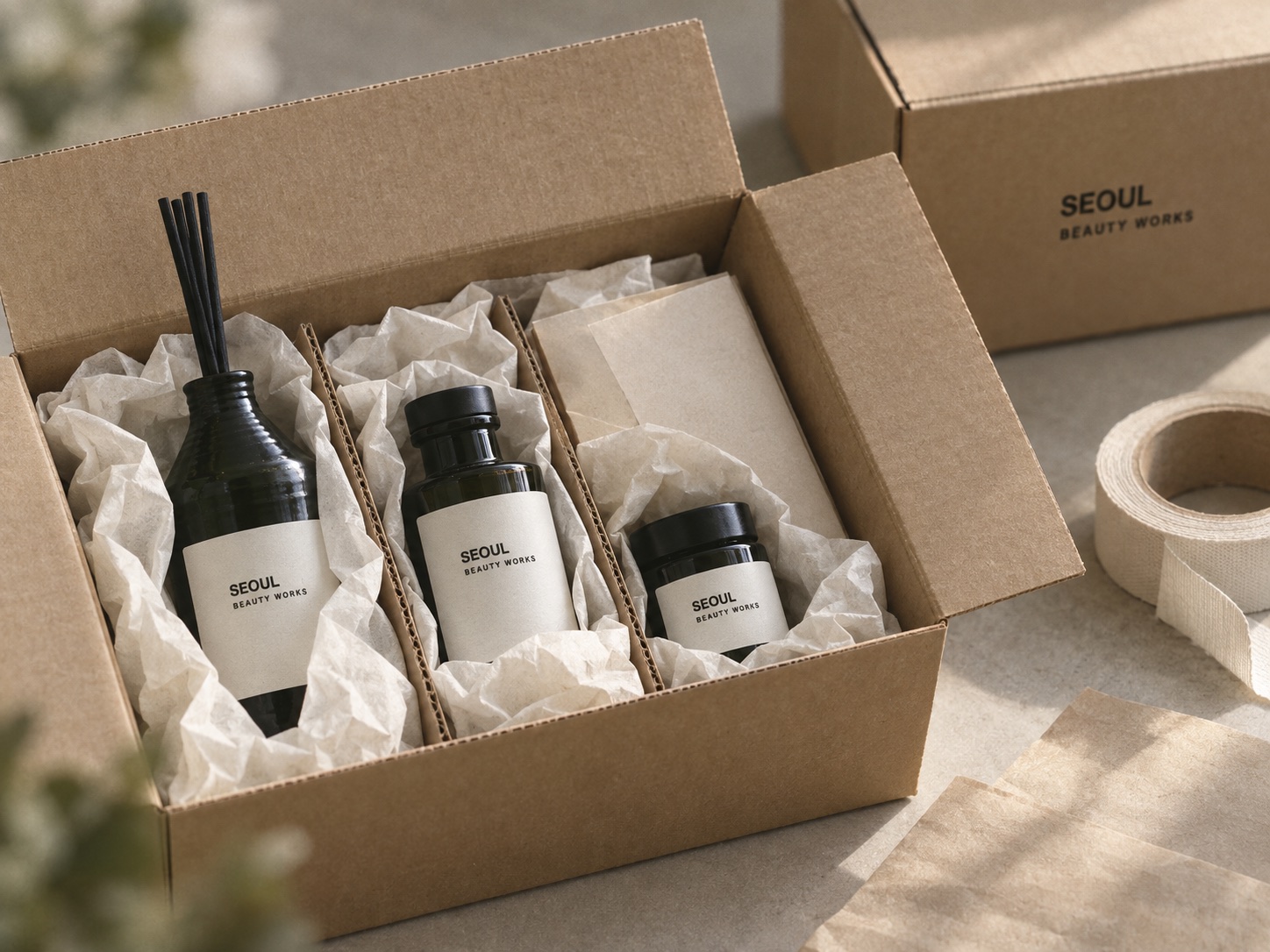 Illustrative cosmetic products packed in protective shipping cartons