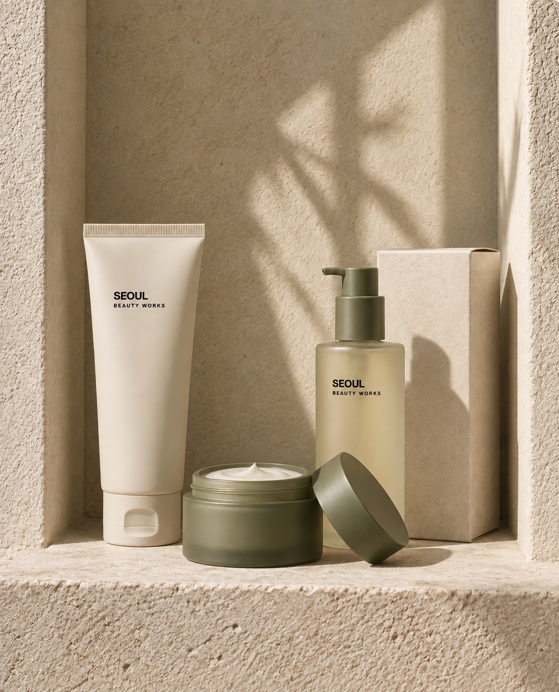 Illustrative SEOUL BEAUTY WORKS tube, pump bottle and open olive cream jar in warm natural light