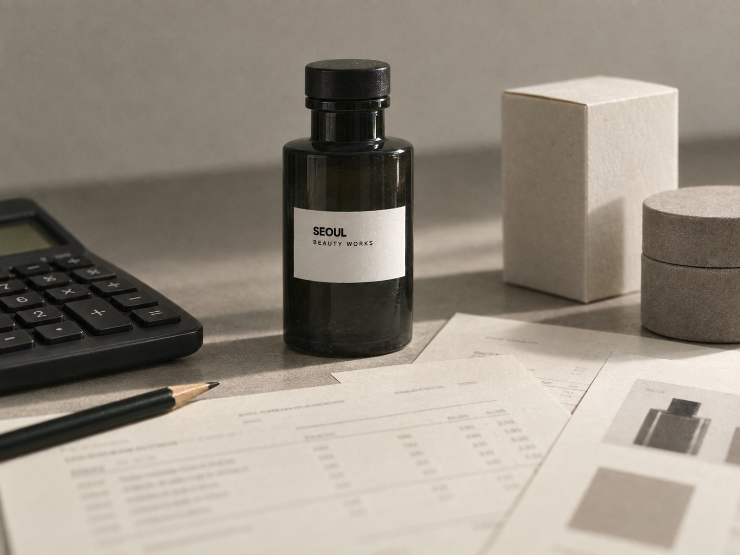 Illustrative quotation review desk with cosmetic samples and calculator